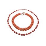 Y TWO CORAL BEAD NECKLACES