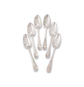 SIX GEORGE II SCOTTISH SILVER HANOVERIAN TABLE SPOONS FOUR GEORGE FORBES (OVERSTRUCK BY PS)