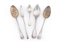 TWO LATER DECORATED GEORGE III SILVER BERRY SPOONS THOMAS WALLIS II, LONDON 1798 AND 1805