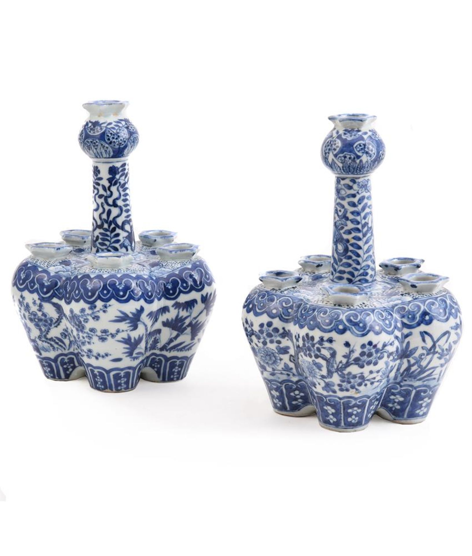 TWO CHINESE 'BAMBOO, PLUM, BLOSSOM, CHRYSANTHEMUM AND ORCHID' BLUE AND WHITE 'CROCUS' VASES'