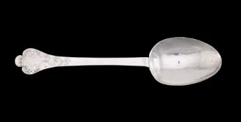 A JAMES II WEST COUNTRY SILVER LACE-BACK TREFID SPOON, PERHAPS JOHN PIKE I (IP THREE TIMES)