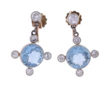 A PAIR OF EARLY 20TH CENTURY AQUAMARINE AND DIAMOND EAR PENDANTS, CIRCA 1910