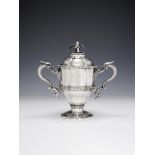 A FINE LATE GEORGE II SILVER TWIN HANDLED CUP AND COVER, JAMES SHRUDER