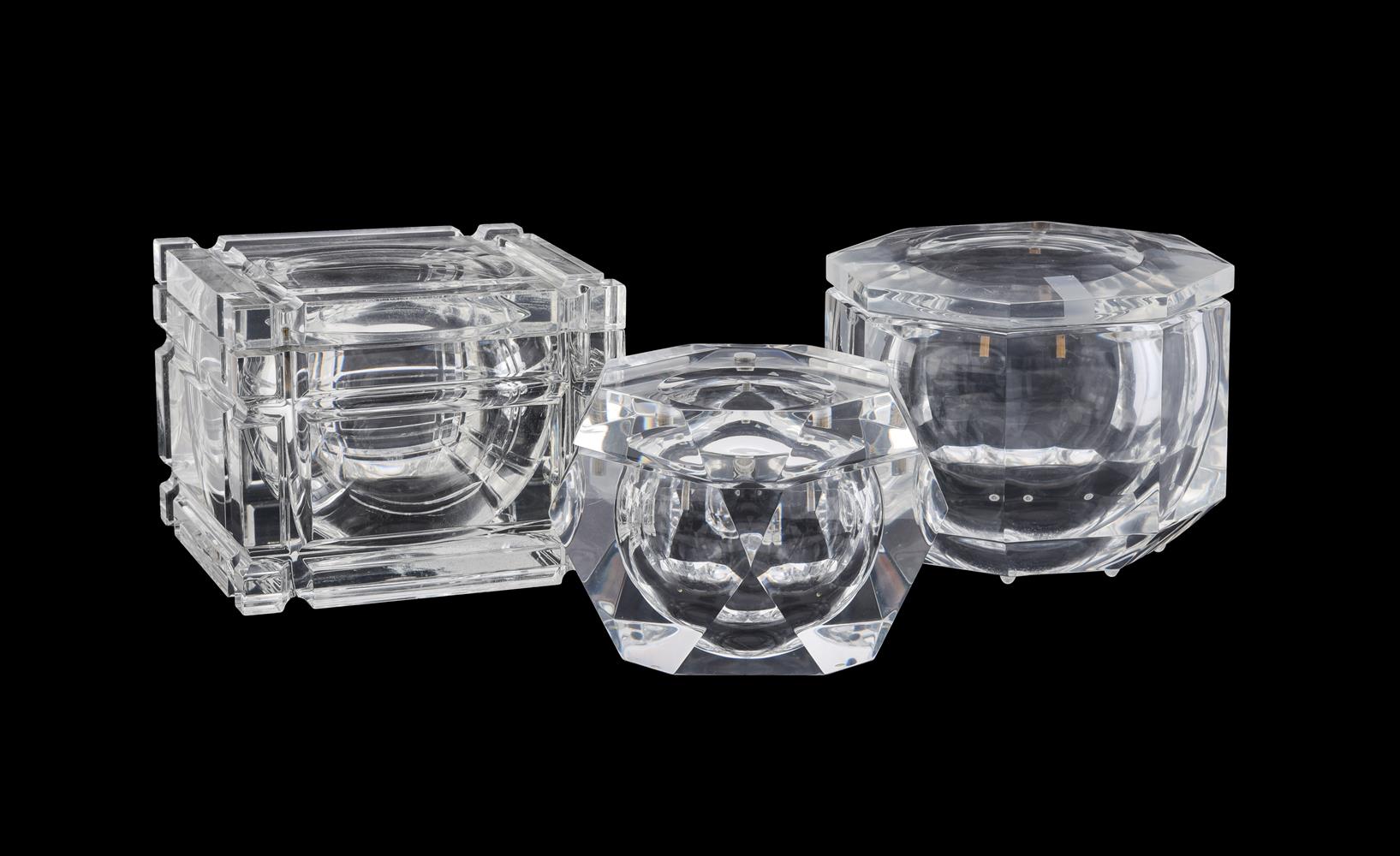 THREE VARIOUS CLEAR LUCITE BOTTLE COOLERS OR ICE BUCKETS, MANNER OF ALESSANDRO ALBRIZZI