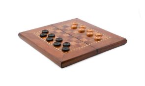 A MIXED WOOD FOLDING CHESS AND BACKGAMMON BOARD, EARLY 20TH CENTURY