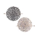 TED MUEHLING, QUEEN ANNE'S LACE, A PAIR OF PIERCED DISC PIN BROOCHES