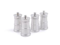 TWO PAIRS OF SILVER CHURN SALT AND PEPPER MILLS, JOHN BULL LTD