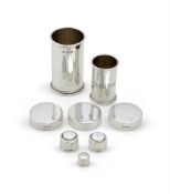 FIVE SILVER MOUNTED SAUCE LIDS AND TWO SLEEVES, THEO FENNELL PLC