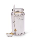 A NOVELTY SILVER CYLINDRICAL PRESERVE POT AND SPOON, GARRARD & CO.