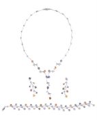 A COLOURED SAPPHIRE AND DIAMOND NECKLACE, BRACELET AND EARRING SUITE