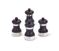 Y A SET OF FOUR SILVER MOUNTED EBONY PEPPER GRINDERS, ASPREY PLC.