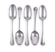 A SET OF FIVE GEORGE I HANOVERIAN TABLE SPOONS, HENRY MILLER I