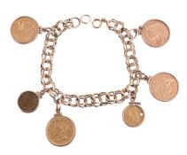 A GOLD COLOURED BRACELET SUSPENDING VARIOUS AMERICAN GOLD COLOURED COINS
