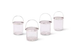 FOUR SILVER MOUNTED GLASS CYLINDRICAL PRESERVE OR PICKLE JARS