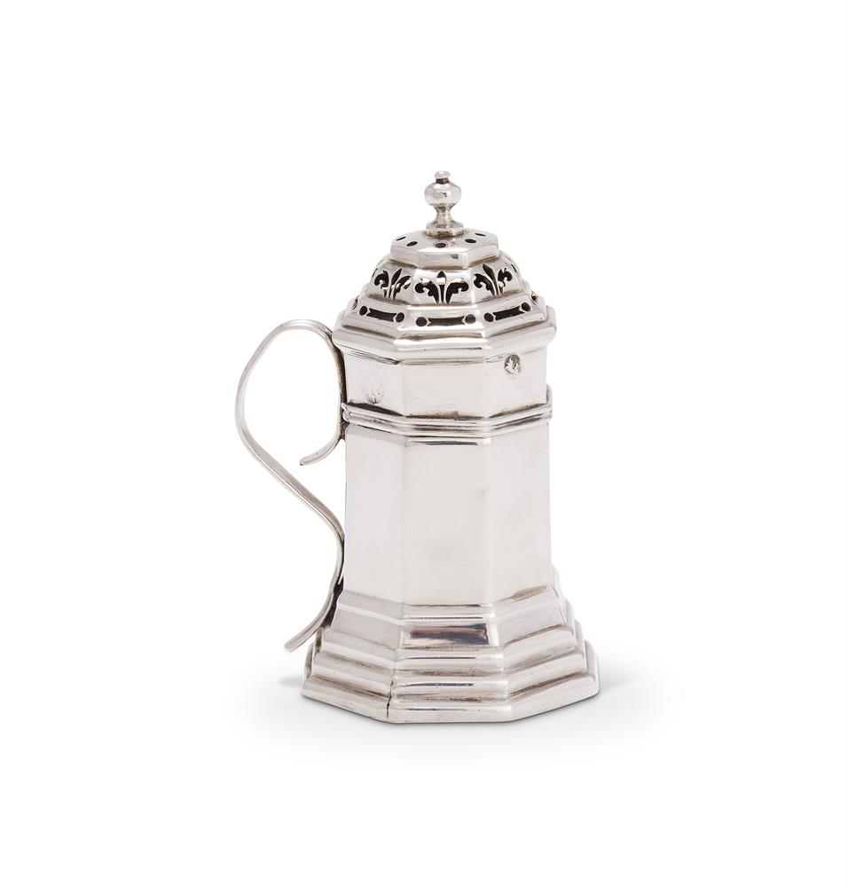 A QUEEN ANNE SILVER TAPERED OCTAGONAL KITCHEN CASTER OR DREDGER, GLOVER JOHNSON