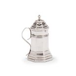 A QUEEN ANNE SILVER TAPERED OCTAGONAL KITCHEN CASTER OR DREDGER, GLOVER JOHNSON