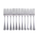 A SET OF ELEVEN SILVER OLD ENGLISH TABLE FORKS, SAMUEL GODBEHERE