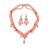 Y A FRENCH LATE 19TH CENTURY CORAL AND SEED PEARL NECKLACE AND EAR PENDANT SUITE, CIRCA 1890