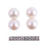 A PAIR OF CULTURED PEARL EARRINGS AND A DIAMOND SET PEARL SEPARATOR