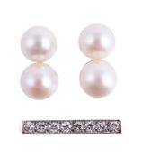 A PAIR OF CULTURED PEARL EARRINGS AND A DIAMOND SET PEARL SEPARATOR