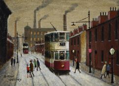 λ Arthur Delaney (British 1927-1987), Working class area with people and trams