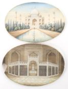 Y A pair of Indian gouache on ivory views of the interior and exterior of the Taj Mahal