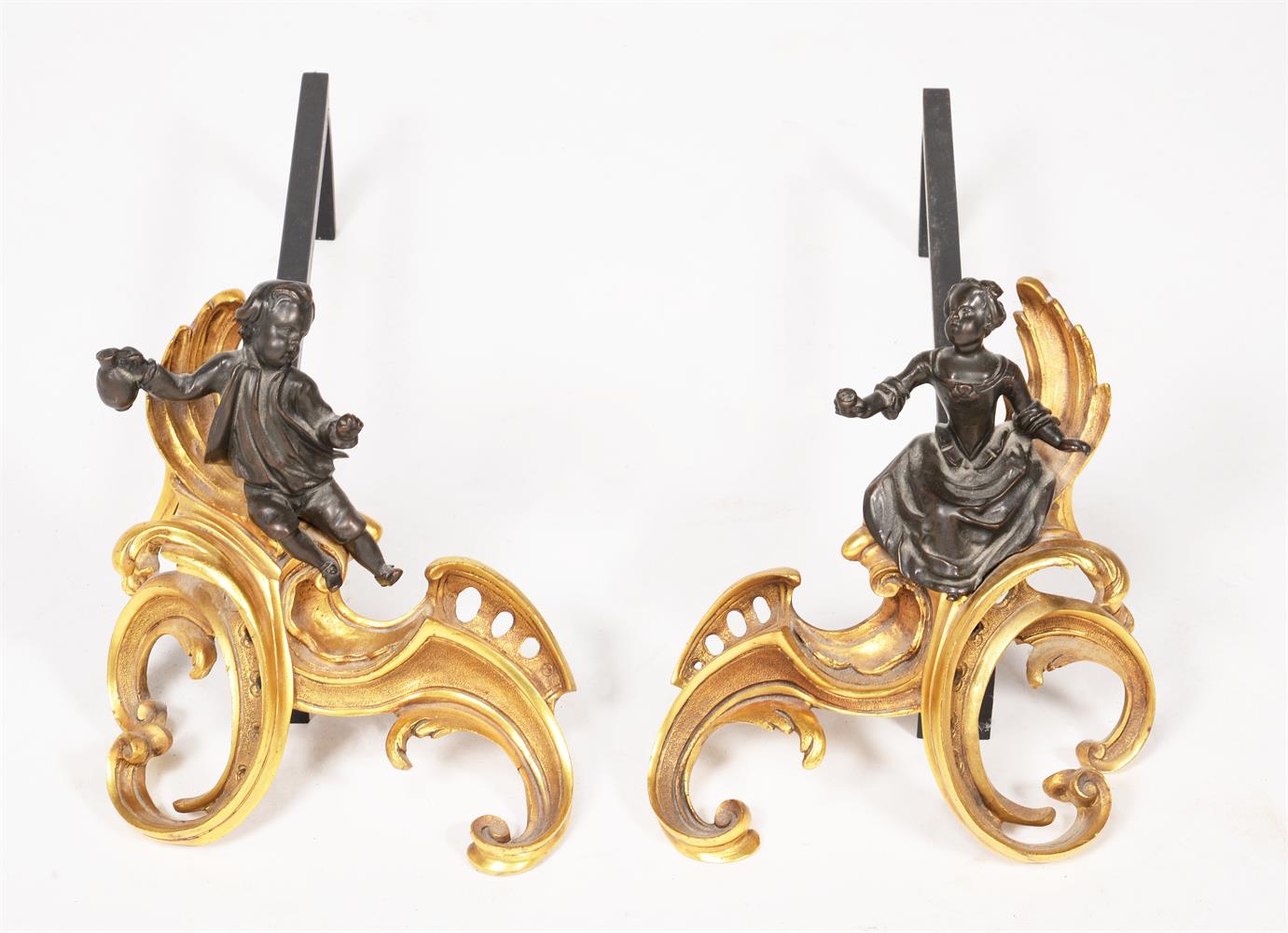 Two pairs of French chenets or andirons; the first late 19th century ormolu pair in the Rococo taste - Image 2 of 3
