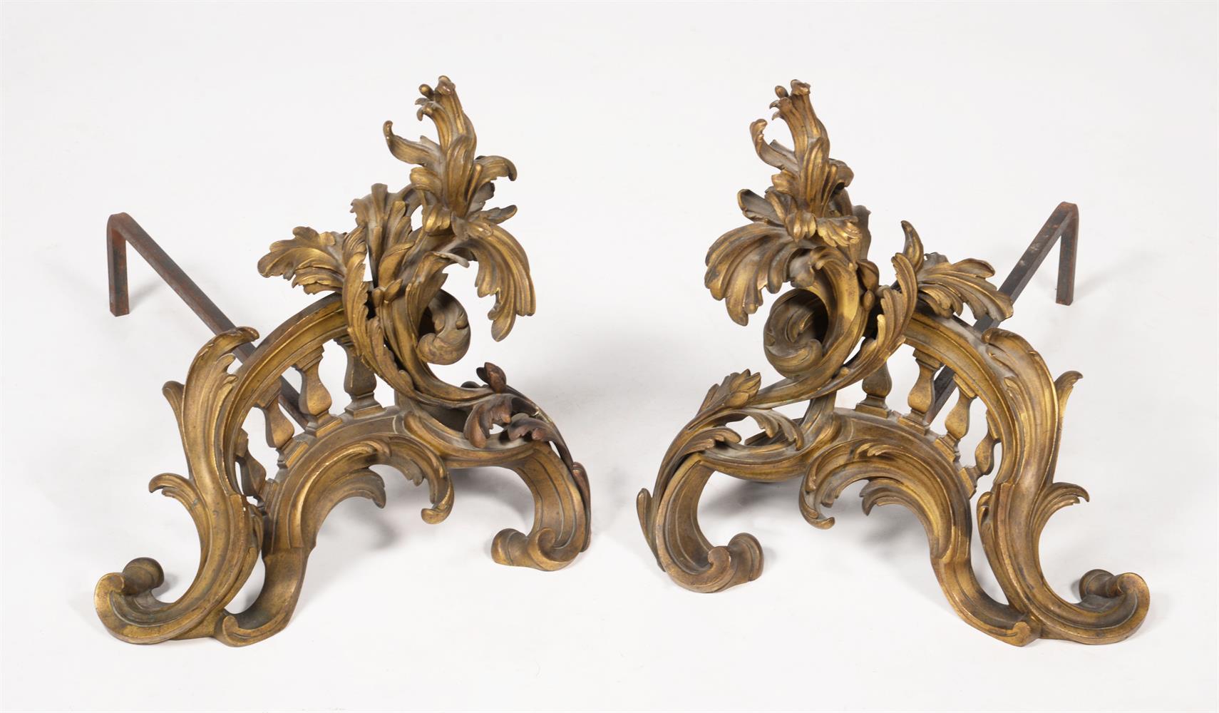 Two pairs of French chenets or andirons; the first late 19th century ormolu pair in the Rococo taste - Image 3 of 3