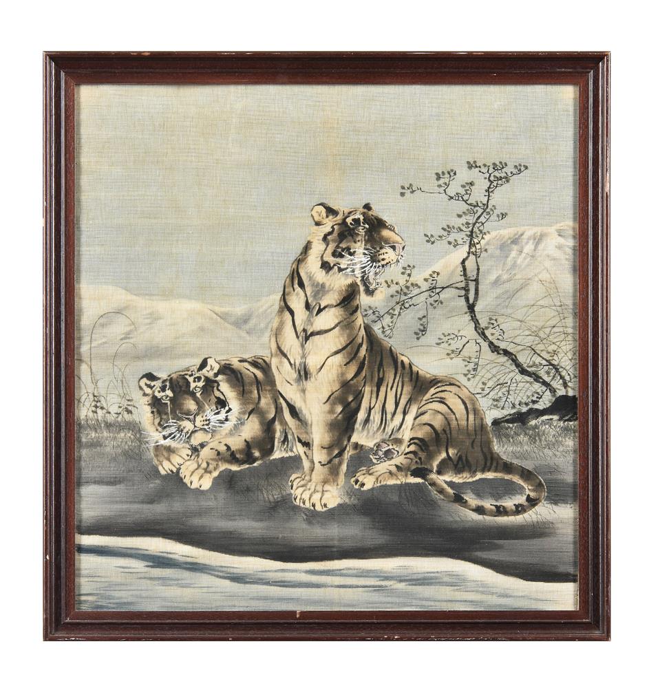 A Yuzen dyed picture of two Siberian tigers beside a stream with mountains rising in the distance - Image 2 of 7