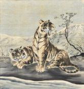 A Yuzen dyed picture of two Siberian tigers beside a stream with mountains rising in the distance