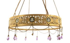 A Continental painted opaque glass and gilt bronze and metal mounted ceiling light