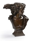 A modern patinated resinous bust of winged Mercury