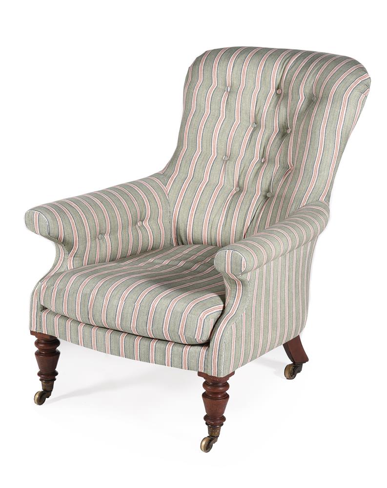 A REGENCY MAHOGANY AND BUTTON UPHOLSTERED ARMCHAIR CIRCA 1820