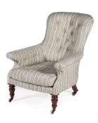 A REGENCY MAHOGANY AND BUTTON UPHOLSTERED ARMCHAIR CIRCA 1820