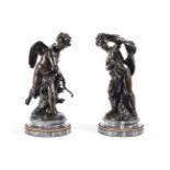 A PAIR OF BRONZE FIGURES OF A CHERUB AND A GIRL, IN THE MANNER OF CLODION, 19TH CENTURY