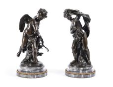 A PAIR OF BRONZE FIGURES OF A CHERUB AND A GIRL, IN THE MANNER OF CLODION, 19TH CENTURY