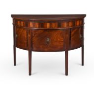 A GEORGE III MAHOGANY AND MARQUETRY DEMI LUNE SIDE CABINET, CIRCA 1780