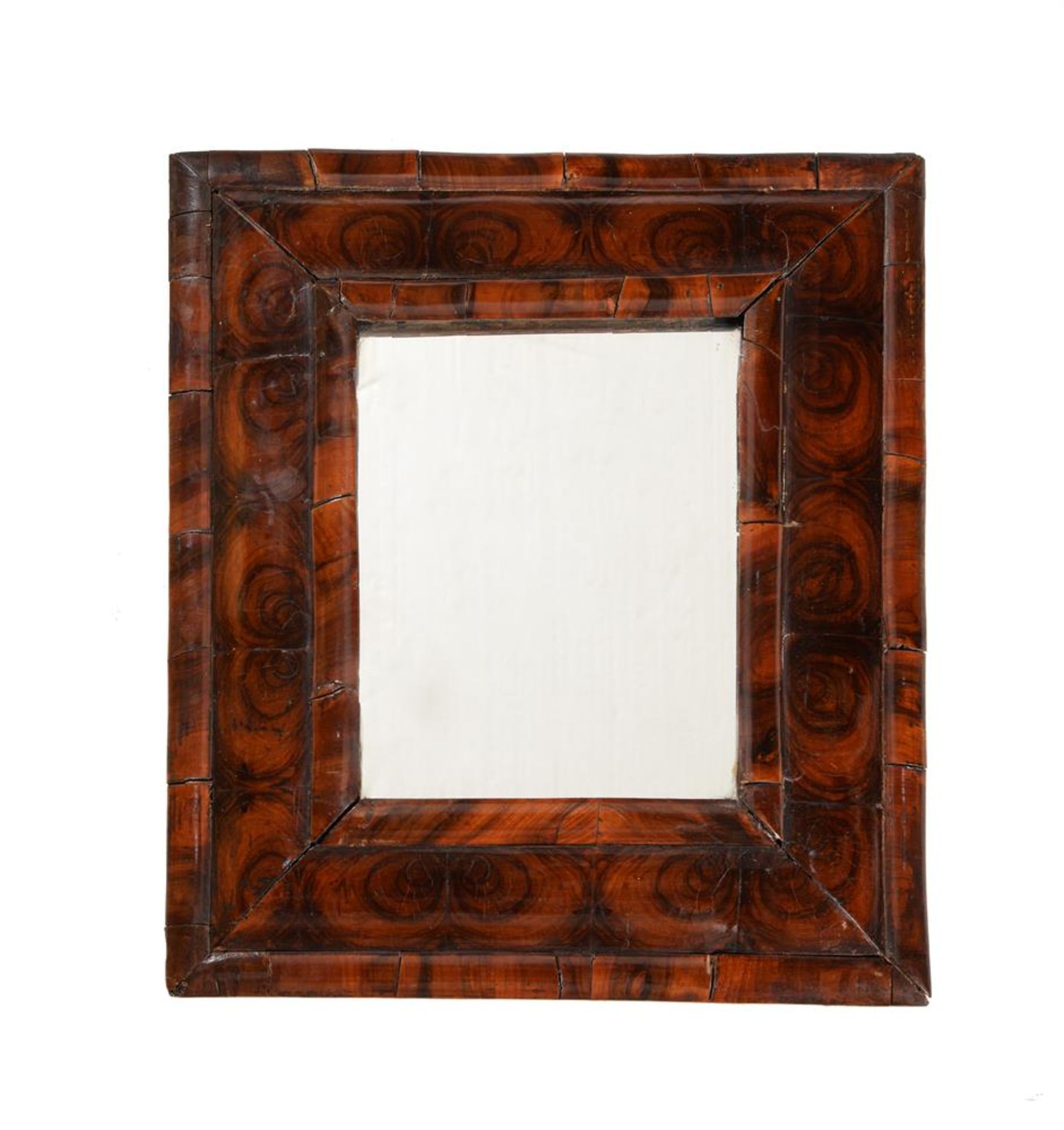 A WILLIAM & MARY OLIVEWOOD OYSTER VENEERED CUSHION FRAMED WALL MIRROR, CIRCA 1690