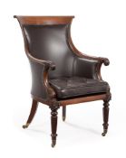 A WILLIAM IV MAHOGANY AND LEATHER UPHOLSTERED LIBRARY ARMCHAIR, IN THE MANNER OF GILLOWS, CIRCA 1835