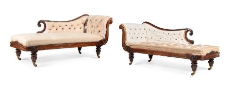 Y A PAIR OF GEORGE IV ROSEWOOD AND UPHOLSTERED DAY BEDS, ATTRIBUTED TO GILLOWS, CIRCA 1825