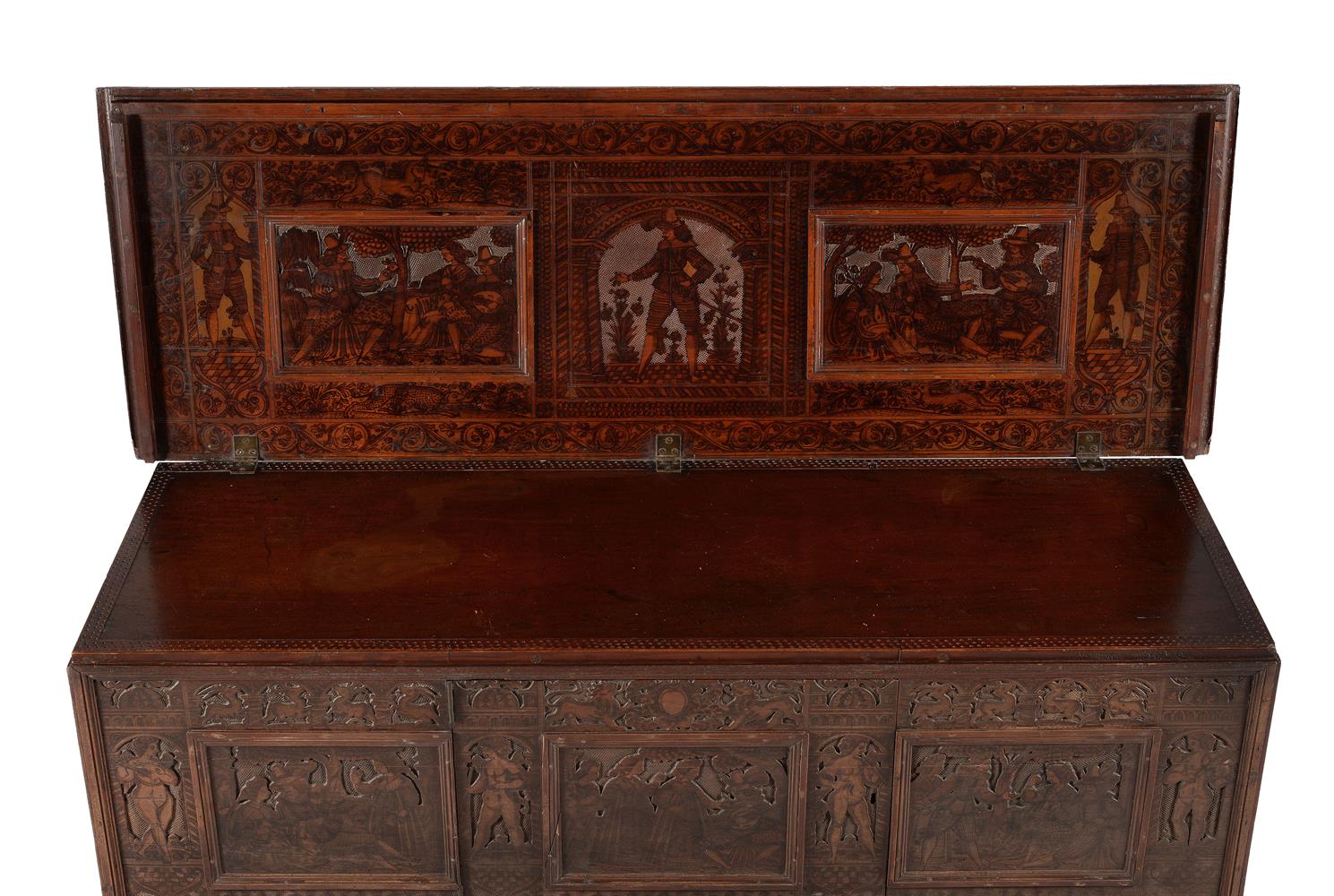 AN ITALIAN CARVED AND POKERWORK DECORATED CHEST OR CASSONE, 16TH CENTURY AND LATER - Image 8 of 12