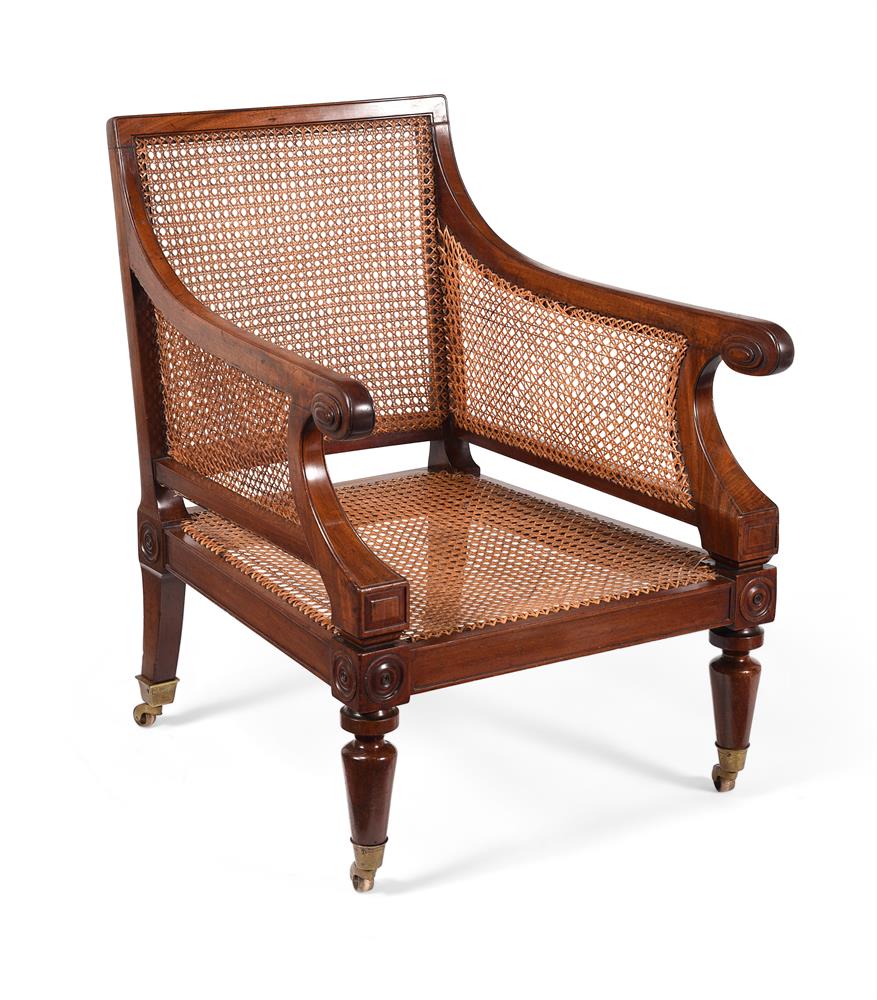 A PAIR OF REGENCY MAHOGANY BERGERE LIBRARY ARMCHAIRS, IN THE MANNER OF CHARLES HEATHCOTE TATHAM - Image 3 of 5