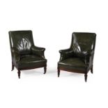 A PAIR OF MAHOGANY AND GREEN LEATHER UPHOLSTERED ARMCHAIRS, IN WILLIAM IV STYLE