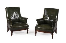 A PAIR OF MAHOGANY AND GREEN LEATHER UPHOLSTERED ARMCHAIRS, IN WILLIAM IV STYLE