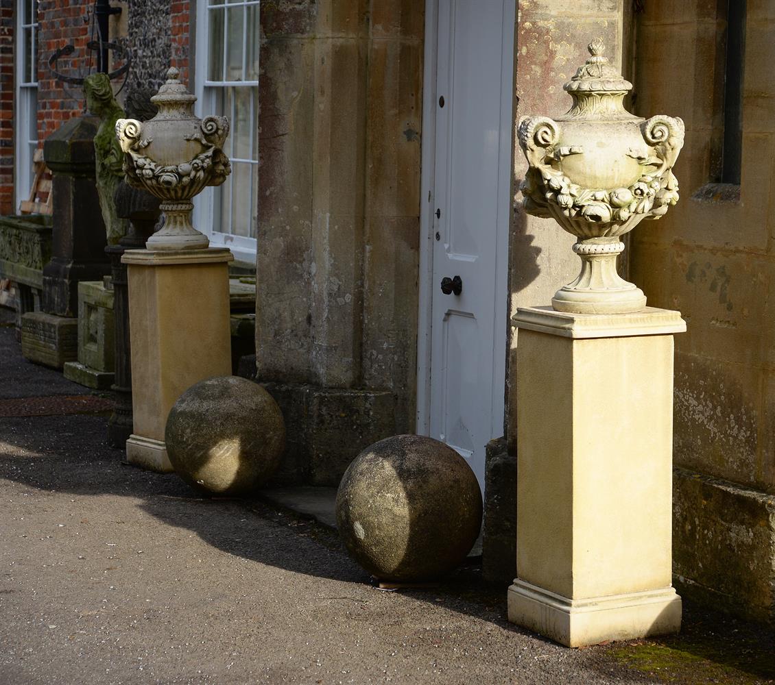 A PAIR OF RECONSTITUTED URNS ON STAND, CONTEMPORARY - Image 2 of 2