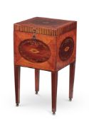 Y A GEORGE III MAHOGANY, SATINWOOD, ROSEWOOD AND MARQUETRY CELLARET ATTRIBUTED TO MAYHEW & INCE