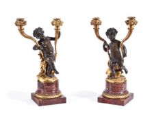 A PAIR OF FRENCH BRONZE ORMOLU AND MARBLE CANDELABRA, 19TH CENTURY