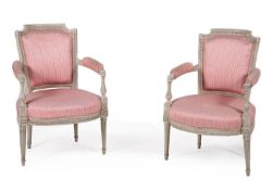 A PAIR OF LOUIS XVI GREY PAINTED FAUTEUILS, LATE 18TH CENTURY