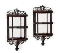 A PAIR OF MAHOGANY FRETWORK AND MIRRORED WALL SHELVES, LATE 19TH/EARLY 20TH CENTURY