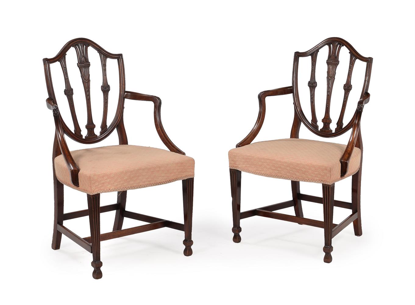 A PAIR OF GEORGE III MAHOGANY OPEN ARMCHAIRS, IN THE MANNER OF GEORGE HEPPLEWHITE - Image 2 of 3